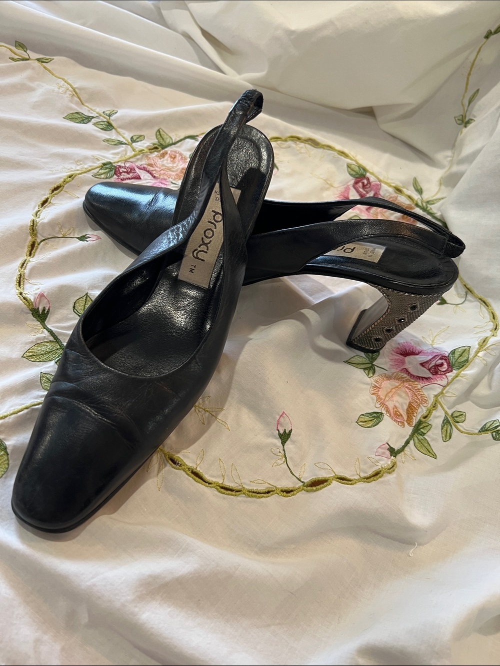 Poxy Black Leather Slingback Pumps with Metal Studded Heel Sz 8